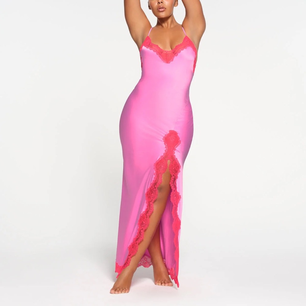 SKIMS Pink Chemise with Red Lace Trim